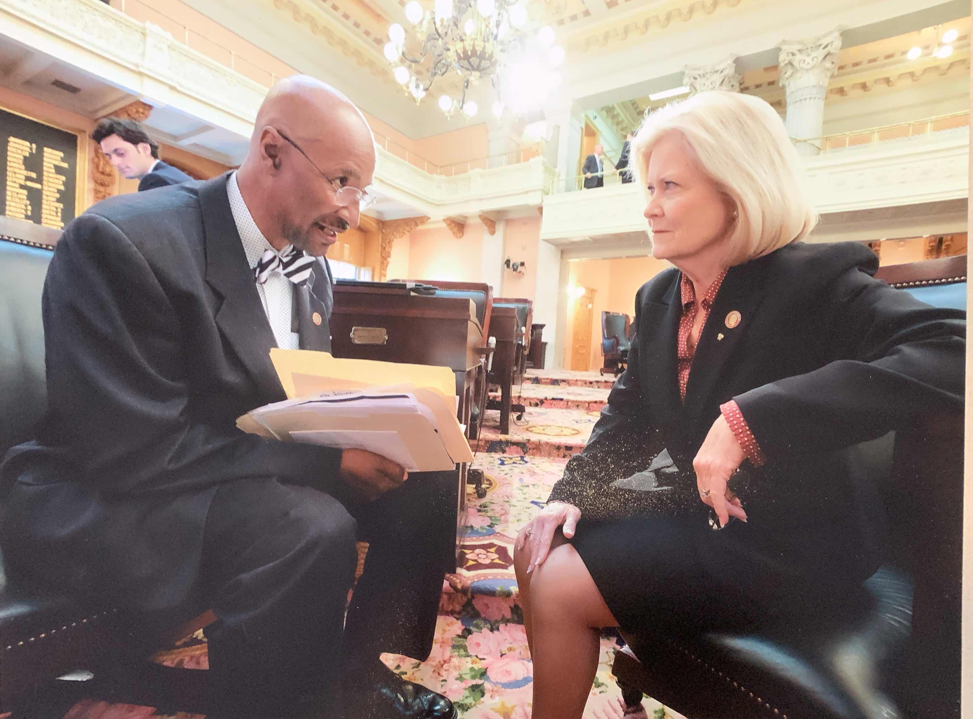 Bill Sponsors Bill Patmon and Margy Conditt work on HB 294, to defund Planned Parenthood